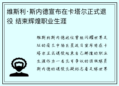 维斯利·斯内德宣布在卡塔尔正式退役 结束辉煌职业生涯 维斯利·斯内德宣布在卡塔尔正式退役 结束辉煌职业生涯